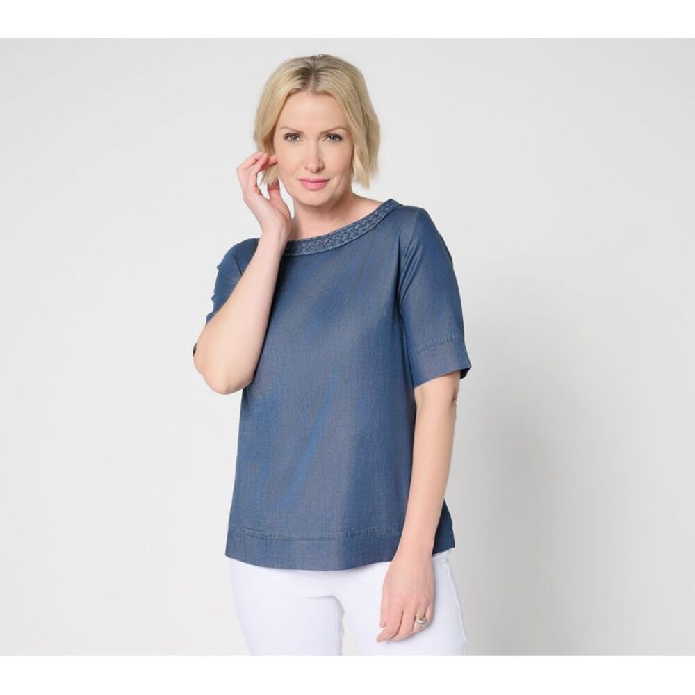 Susan Graver Women's Top Plus Sz 3X Chambray Bateau Neck Blue